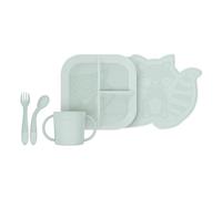 Miniland Meal Set BLW Mint. Vaisselle complète pour BLW comprenant une assiette, un bol, un verre, des couverts flexibles et une nappe, fabriquée en Espagne avec des matériaux de haute qualité