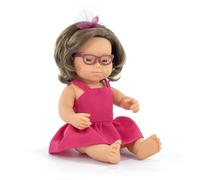 Miniland – Poupée 38 cm – Trisomie 21 – robe rose et lunettes