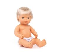 Miniland Poupée bébé européenne Enfant Blond. Vinyle Doux de 38 cm avec Traits Ethniques et sexués pour l'apprentissage de la diversité avec Parfum Doux et agréable. Collection de différentes ethnies