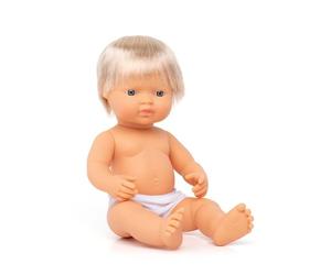 Miniland Poupée bébé européenne Enfant Blond. Vinyle Doux de 38 cm avec Traits Ethniques et sexués pour l'apprentissage de la diversité avec Parfum Doux et agréable. Collection de différentes ethnies