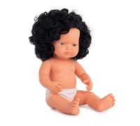 Miniland Poupée caucasienne bouclée Noire 38 cm dans Un Sac en Plastique sans sous-vêtements