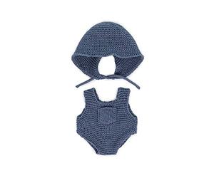 Miniland Poupées : Tenue tricotée 21 cm - Barboteuses et Capuche, en matériaux recyclés, pour poupée bébé de 21 cm. Modèle : Barboteuses et Capuche en Bleu.
