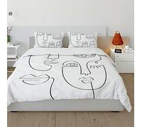 Minimalisme Housse de Couette Set 3 pièces Ligne Abstraite Visage Femmes Ultra Doux Respirant Easy Care Literie Set avec 2 Oreillers Shams 4 Cravate 240x220cm