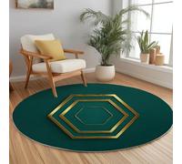 Minimalisme Tapis Rond 80 cm Hexagone À Lignes Dorées Géométrique Tapis De Salon Rond, Vert Émeraude Lavable en Machine Moquette, Chambre Adulte Doux Antidérapant Decoration Chambrel
