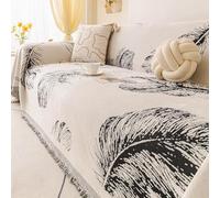 Minimalist Chenille Sofa Throw, All Season Throw Blanket with Tassels | Feather Pattern Sofa Cover, Universal Furniture Protector Cover, Decorative Throw For Chair Bed Coach(Black,180x180cm)
