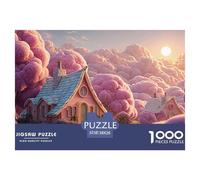 Minimalist Pink House on The Clouds 1000 Pcs Carton Extra-épais Coffret De Puzzles Cloud-Top Fairy Cottage Anti-Stress Jeu Familial Puzzles As Birthday Gifts 38x26cm/1000pcs
