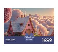 Minimalist Pink House on The Clouds 1000 Pcs Carton Premium Lot de Puzzles Cloud-Top Fairy Cottage Anti-Stress Jeu Familial Puzzles As Birthday Gifts 52x38cm/1000pcs