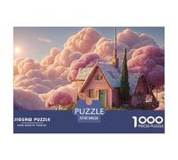 Minimalist Pink House on The Clouds 1000 Pièces Carton Extra-épais Lot de Puzzles Cloud-Top Fairy Cottage Anti-Stress Jeu Familial Puzzles As Birthday Gifts 38x26cm/1000pcs