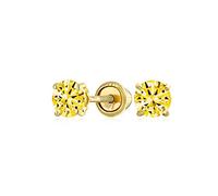 Minimalist Tiny Cubic Zirconia Canary Yellow Simuléeted Citrine Cz Round Solitaire Stud Earrings Real 14K Yellow Gold Screw Back 3Mm