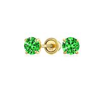 Minimalist Tiny Cubic Zirconia Green Simulée Emerald Cz Round Solitaire Stud Earrings Real 14K Yellow Gold Screw Back 3Mm