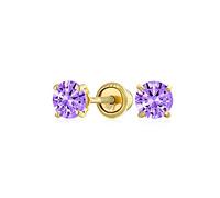 Minimalist Tiny Cubic Zirconia Lavender Violette Simuléeted Alexandrite Round Solitaire Stud Earrings Real 14K Yellow Gold Screw Back 3Mm