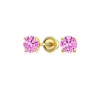Minimalist Tiny Cubic Zirconia Pink Simuléeted Pink Topaz Cz Round Solitaire Stud Earrings Real 14K Yellow Gold Screw Back 3Mm