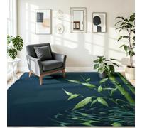 Minimaliste Feuilles De Bambou Gouttes D’Eau Lavable Poil Ras Tapis de Salon Vert Bleu Foncé, Japonais Abstrait Antidérapante Doux Flanelle Bureau Chambre de la Tapis, 80 x 150 cm