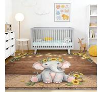 Minimaliste Illustration ne perd Pas Ses Poils Poil Ras Tapis, pour Chambre à Coucher Salon, Multicolore Éléphant Couronne De Fleurs Ampoule Lavable Doux Antidérapant Tapis, 160 x 230 cm