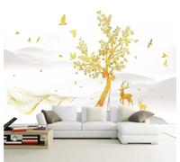 Minimaliste Luxe Léger Or Arbres Rennes Oiseaux Papier Peint 3D Installation Facile Intissé Tapisserie Bureau Salon Canapé Chambre Décoration Murale-400cm×280cm