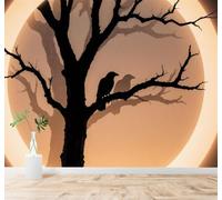 Minimaliste Silhouette D'Un Corbeau Sur Une Branche Beauté Pleine Lune Coucher De Soleil 3D Papier Peint Premium Texturé Soie Bureau Salle à Manger Salon Chambre Coucher Canapé TV Mur-400cm×280cm