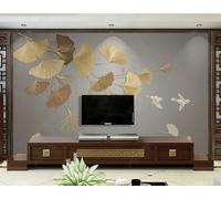 Minimaliste Tridimensionnel Doré Feuilles De Ginkgo Oiseaux En Vol Papier Peint 3D Installation Facile Intissé Tapisserie Bureau Salon Canapé Chambre Décoration Murale-250cm×170cm