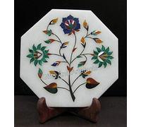 Minimilastic Bouilloire en marbre avec incrustation de pierres semi-précieuses 15,2 x 15,2 cm Plaque décorative en marbre blanc | Colletibles vintage pour décoration d'intérieur