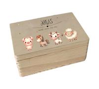 minimutz Boîte à souvenirs en bois - Personnalisable avec nom - Boîte de rangement - Impression UV - Pour souvenirs d'enfance de bébé - Motifs d'animaux mignons et colorés - Terre de ferme L (40 x 30