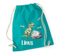 minimutz T-Rex Sac de gym en coton avec nom pour garçon Motif dinosaure Sac à dos avec cordon de serrage Sac de sport pour l'école Sac à linge de rechange pour crèche maternelle, Turquoise., Taille