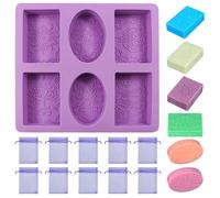 MININUSI Moule à Savon en Silicone à 6 Compartiments avec 10 Petits Sacs à Ficelle, Moule Silicone Rectangulaire et Ovale, Moule Savon Fait Maison pour Savon, Glace, Chocolat, DIY, Gâteau (Violet)