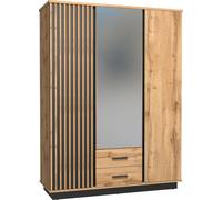 Minio, armoire à portes battantes 145,5 cm, armoire "Lamia", avec lamelles en MDF, chêne wotan/noir mat