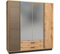 Minio, armoire à portes battantes 197 cm, armoire "Lamia", avec lamelles en MDF, couleur chêne wotan/noir mat