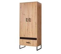 Minio, Armoire à portes battantes, Armoire "Melle" 80 cm, Panneau décoratif avec ou sans lamelles, Chêne Artisan/Noir Mat Couleur