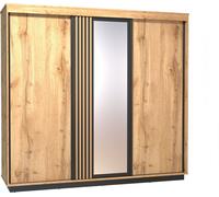 Minio, armoire à portes coulissantes 240 cm, "Lamia", avec miroir, avec lamelles MDF, couleur chêne Wotan/noir mat
