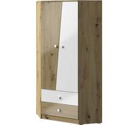 Minio, Armoire d'angle "Nantes" 87 cm, Façades brillantes, Chêne Artisan/Couleur blanche