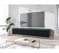 Minio, armoire TV, buffet TV Donna 180 cm, debout, suspendu, façade MDF avec motif Herringbone, LED, couleur noir graphite