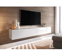 Minio, Armoire TV "DONNA", Lowboard, avec éclairage LED, 180cm, Suspendu, Debout, Couleur Béton / Blanc Brillant