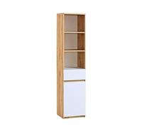MINIO - Bibliothèque Meuble de Rangement 40 cm Largeur, étagère avec 1 Porte, 1 Tiroir et 3 Compartiments, Série ARCCA - L: 45cm x H: 195cm x P: 40cm, Chêne Wotan/Couleur Blanche