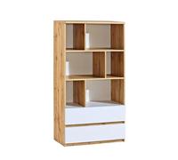 MINIO - Bibliothèque Meuble de Rangement 80 cm Largeur, Meuble de Salon avec 2 Tiroirs et Compartiments, Série ARCCA - L:80 cm x H: 150 cm x P: 40 cm, Chêne Wotan/Couleur Blanche