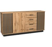Minio, Commode 179 cm, Sideboard "Lamia", avec lamelles MDF, Chêne Wotan/Noir mat couleur,