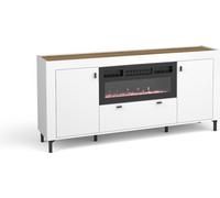 Minio, commode "ASSO 7", avec foyer à LED, LED bleue, 177 cm, couleur blanche / chêne whisky