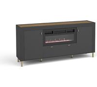 Minio, commode "ASSO 7", avec foyer à LED, LED bleue, 177 cm, couleur noire / chêne whisky