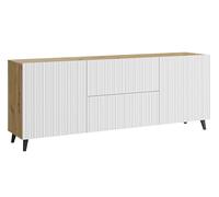 MINIO - Commode LOKET, 180 cm, buffet, salon, couleur: chêne artisan/blanc, façades fines rainurées MDF, pieds noirs
