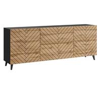 MINIO - Commode LOKET 180 cm, buffet salon, couleur: noir mat/chêne Wotan motif à chevrons
