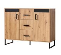 Minio, Commode, Sideboard "Melle" 135 cm, Panneau décoratif avec ou sans lamelles, Chêne Artisan/Noir Mat Couleur