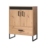 Minio, Commode, Sideboard "Melle" 80 cm, Panneau décoratif avec ou sans lamelles, Chêne Artisan/Noir Mat Couleur