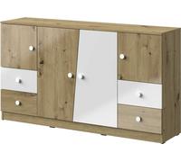 Minio, Commode, Sideboard "Nantes" 160 cm, Façades brillantes, Chêne Artisan/Couleur blanche