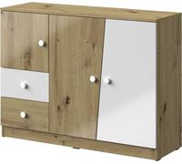 Minio, Commode, Sideboard, "Nantes 7", 120x90x40, 3 portes, 2 tiroirs, 1 étagère, Chêne Artisan/Chêne Artisan brillant/Blanc brillant Couleur