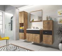MINIO, Ensemble de meubles de salle de bains "ALO", 4 pièces, avec lavabo, avec miroir, couleur châtaigne de Wroclaw / noir graphite