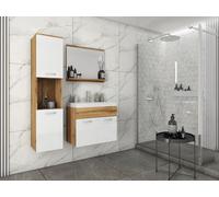 Minio, Ensemble de meubles de salle de bains "MONAL", 3 pièces, avec lavabo, avec miroir, salle de bains, blanc brillant / couleur chêne Wotan