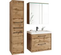Minio, Ensemble de meubles de salle de bains "Yuko 1", 3 pièces, grand meuble suspendu, armoire de toilette, armoire avec lavabo, Chêne Wotan / Chêne Wotan couleur MDF ondulée