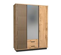MINIO go for it - Armoire avec Miroir Lamia 15, 145,5 x 193,6 x 52 cm, Armoire 3 Portes avec Lamelles en MDF, 2 Tiroirs, Meuble Idéal pour la Chambre - Chêne Wotan/Noir Mat