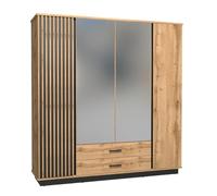 MINIO go for it - Armoire avec Miroir Lamia 18, 196,6 x 205 x 52 cm, Armoire 4 Portes avec Lamelles en MDF, 2 Tiroirs, Meuble Idéal pour la Chambre, Panneau de Meuble Stratifié - Chêne Wotan/Noir Mat