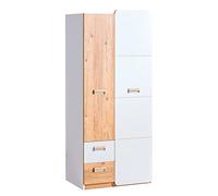 MINIO go for it - Armoire Chambre Loreto - Double Porte, 80x188x52 cm, Chambre d'enfant, Panneau de Particules laminé, Étagères et Rails intérieurs, Tiroirs spacieux, Chêne Nash et Blanc Brillant