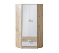 MINIO go for it - Armoire Nimes 2, 87 x 190 x 87 cm, Armoire d'angle avec 2 Portes, Armoires Penderie avec 2 Tiroirs, Armoires d'angle avec 3 Étagères, avec 1 Tringle à Vêtements, Chêne Clair/Blanc